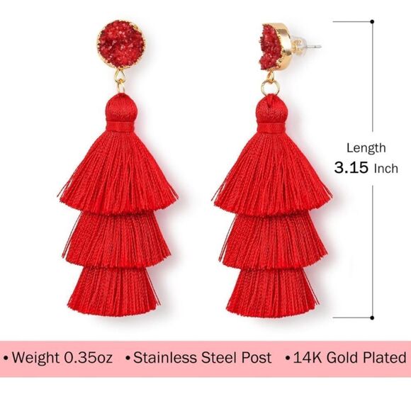 14K Yellow Gold with Lavender Silk Thread Tassel and Quartz Druzy Post Earrings - Picture 6 of 8